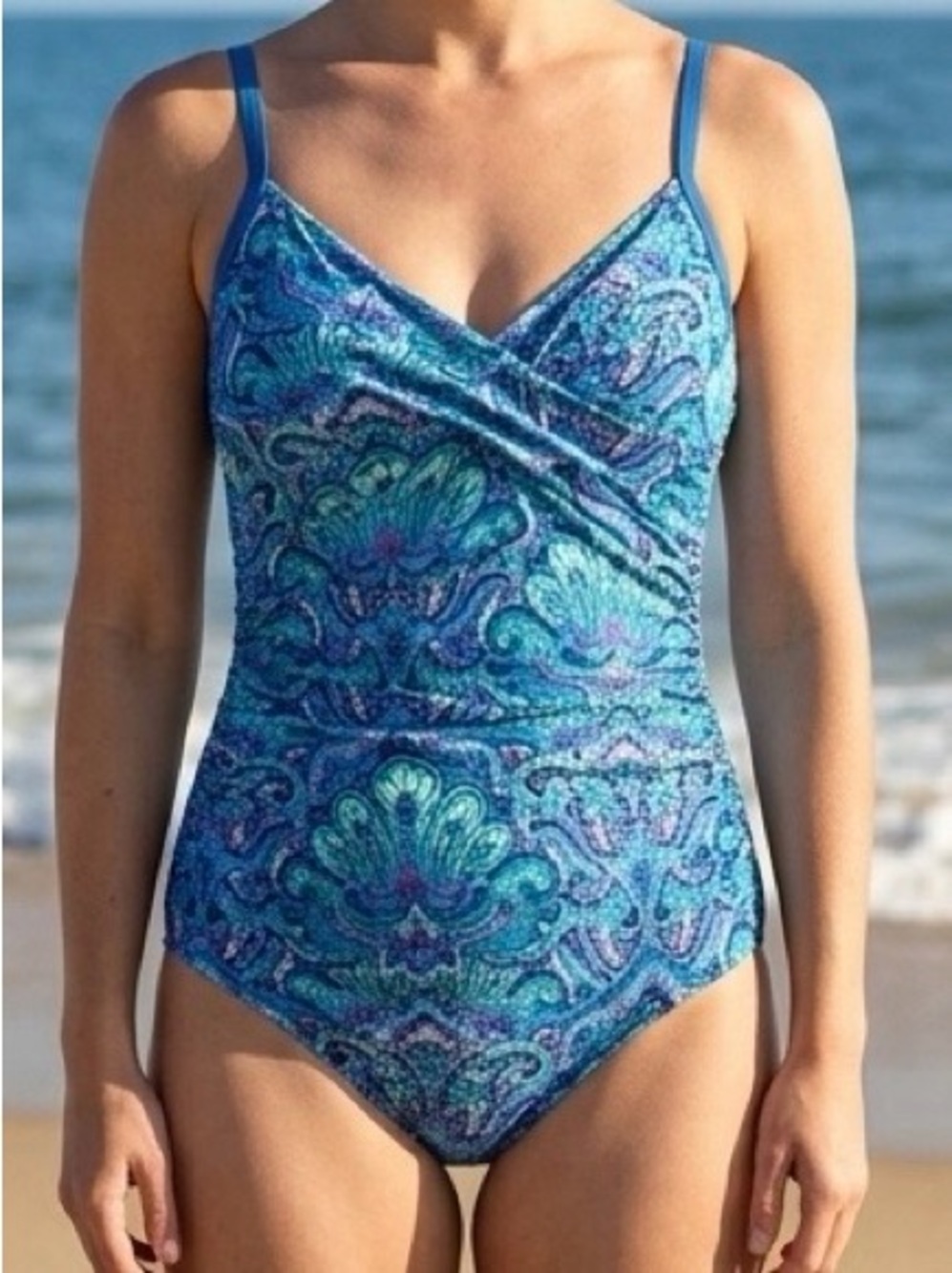 Jantzen Paisley Print 1 Piece Swimsuit Blue Ruched Tummy Control Sz 12 Like New!